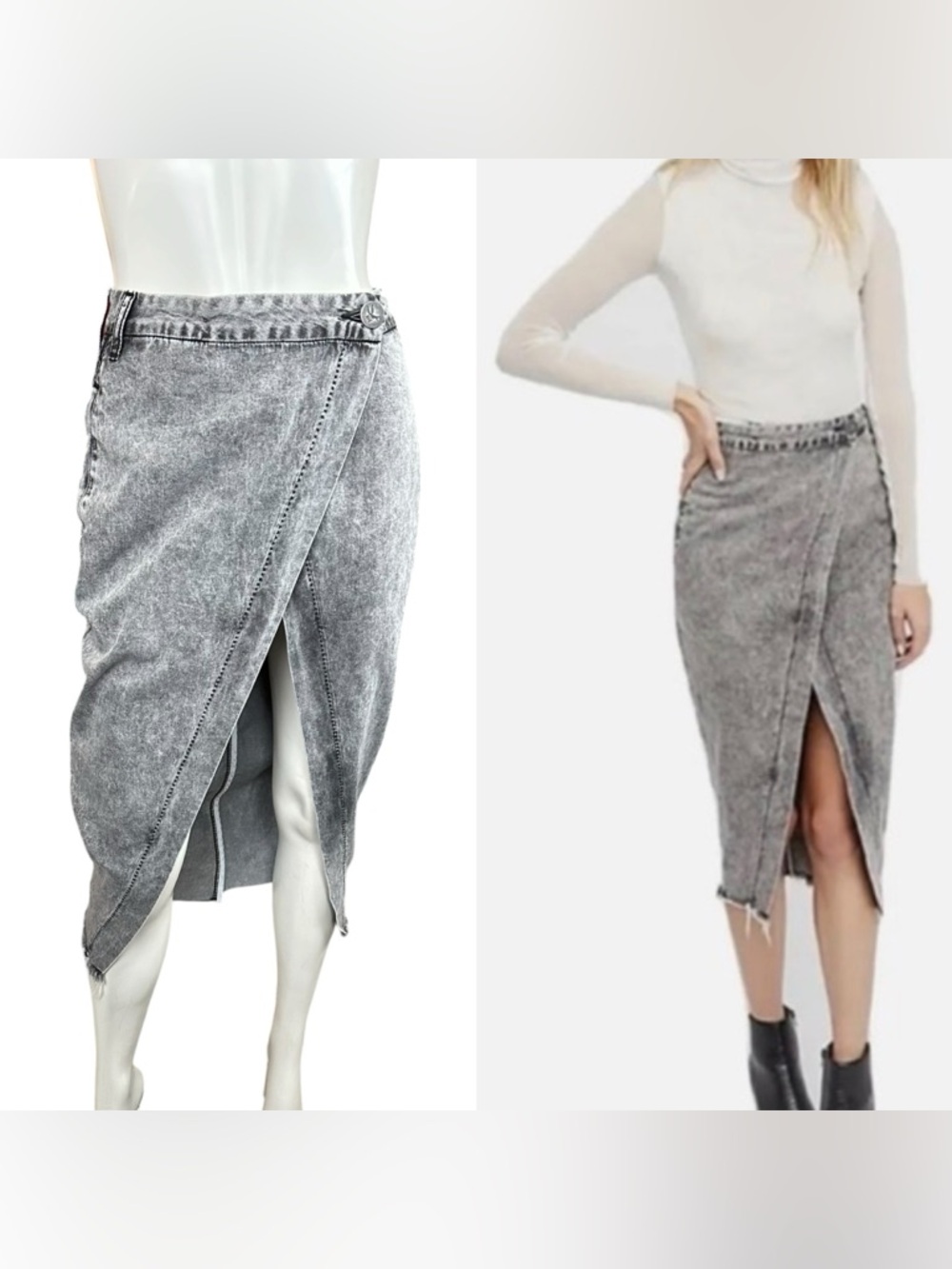 One Teaspoon Stonewashed Gray Society Raw Hem High Slit MIDI Wrap Skirt Size 26